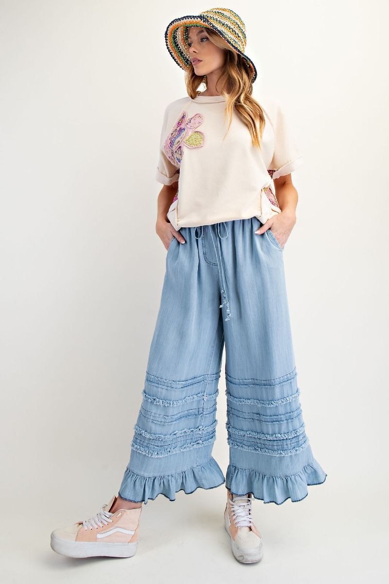 Fray Ruffle Hem Pants in Denim