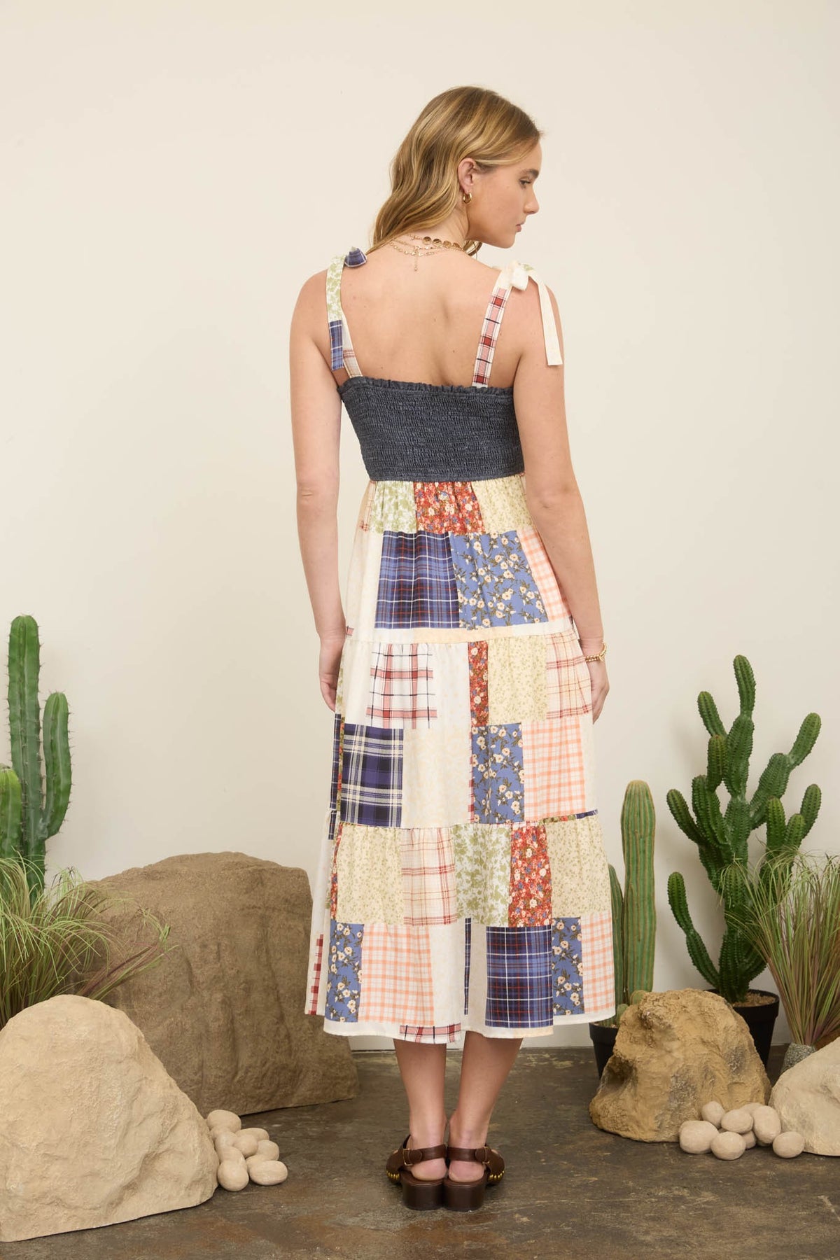 Smocked Denim Patchwork Dress