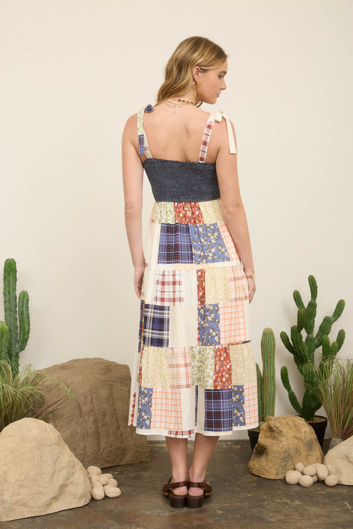 Smocked Denim Patchwork Dress