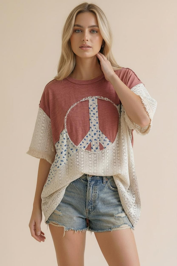 SS Slub Knit Peace Patch Top in Mauve