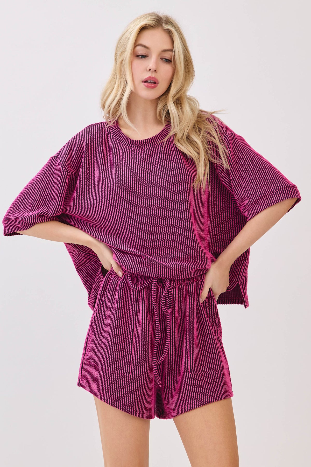 Ribbed Round Neck Top & Shorts Set Pink Combo