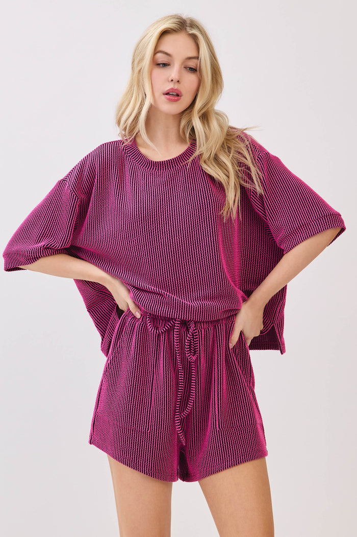 Ribbed Round Neck Top & Shorts Set Pink Combo