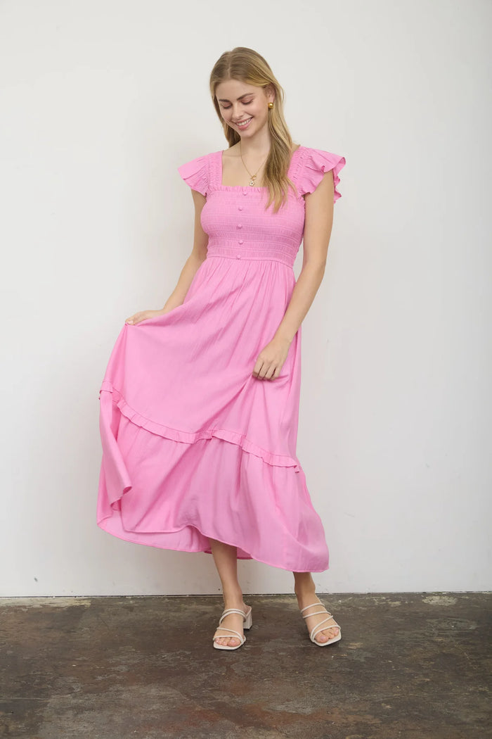 Mock Button Detail Dress in Pink