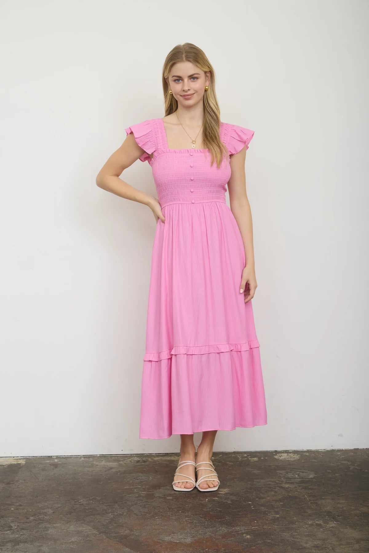 Mock Button Detail Dress in Pink