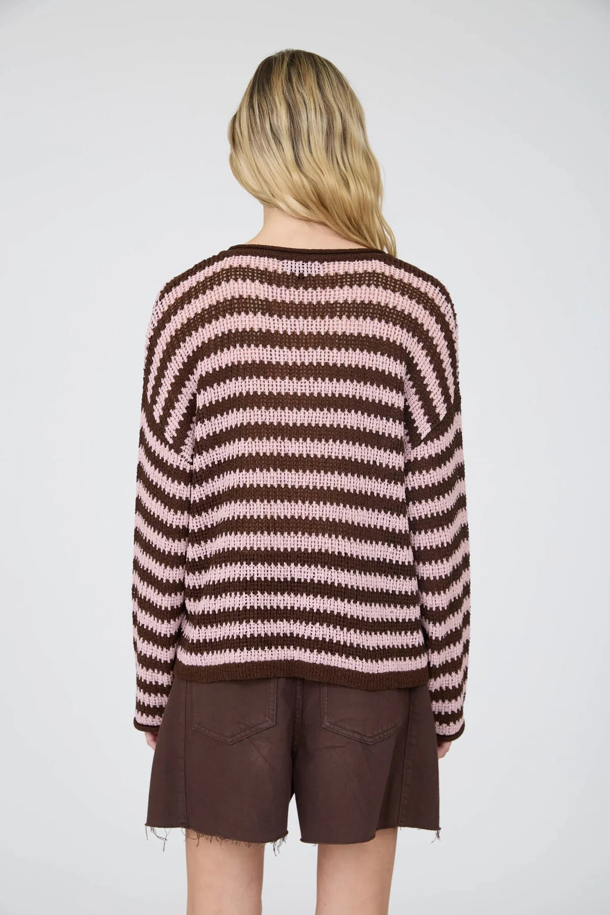 Stripe Raw Edge Split Neck Sheer Knit Sweater- 2 Colors!