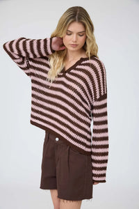 Stripe Raw Edge Split Neck Sheer Knit Sweater- 2 Colors!