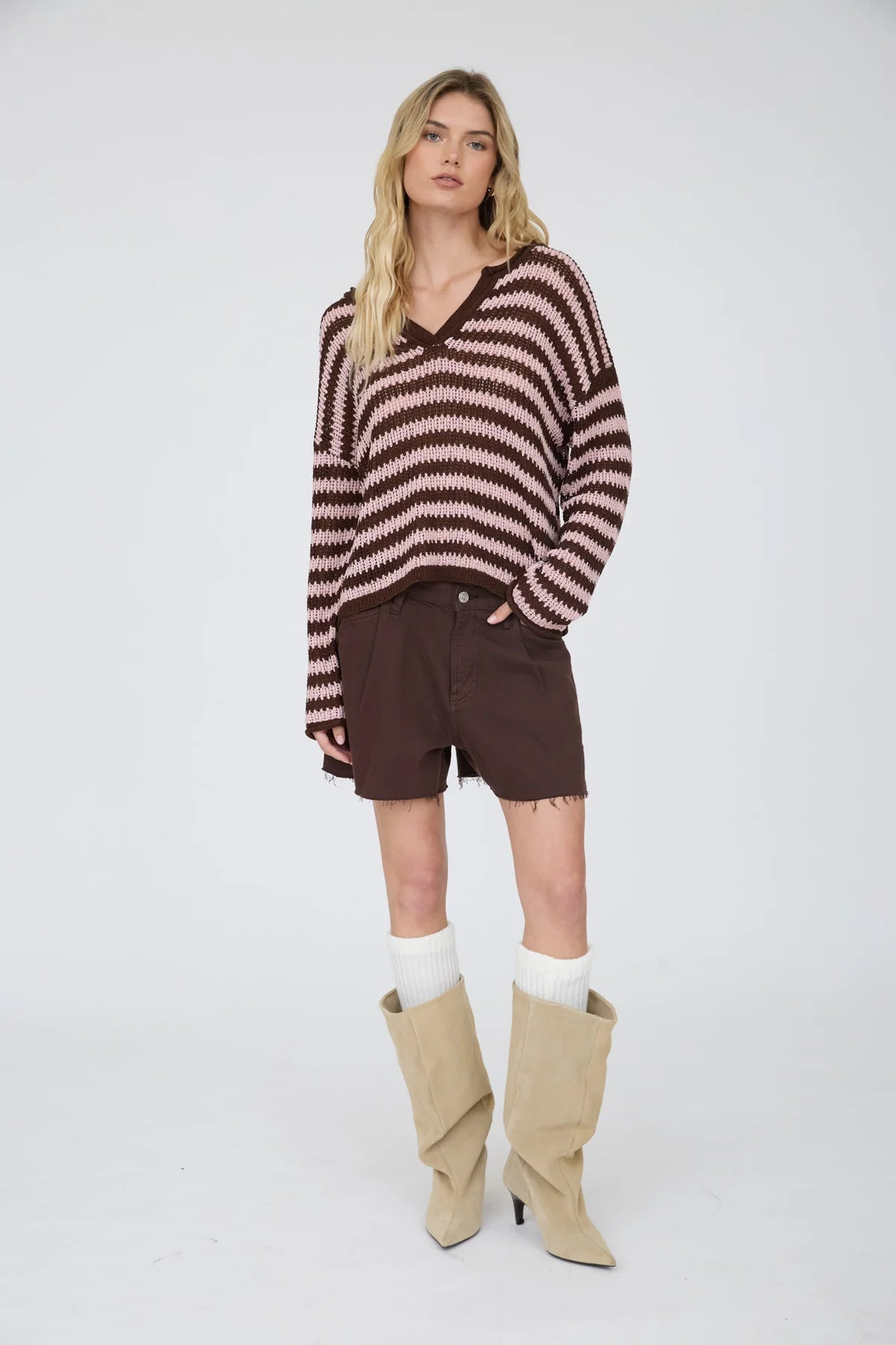 Stripe Raw Edge Split Neck Sheer Knit Sweater- 2 Colors!
