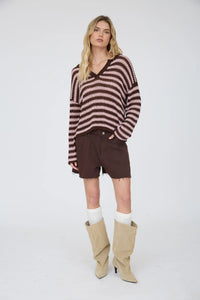 Stripe Raw Edge Split Neck Sheer Knit Sweater- 2 Colors!