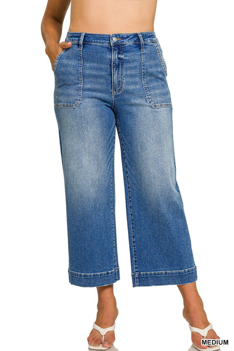 Curvy Utility Pocket Cropped Wide Leg Denim Pants MD