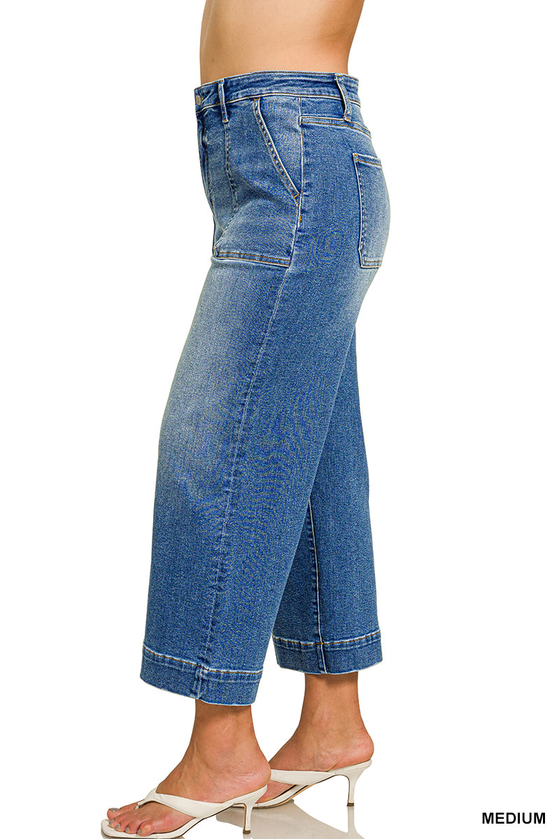 Curvy Utility Pocket Cropped Wide Leg Denim Pants MD