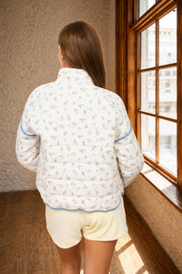 Floral Quilted Mock Neck Button Down Puffer Jacket in Ivory Multi