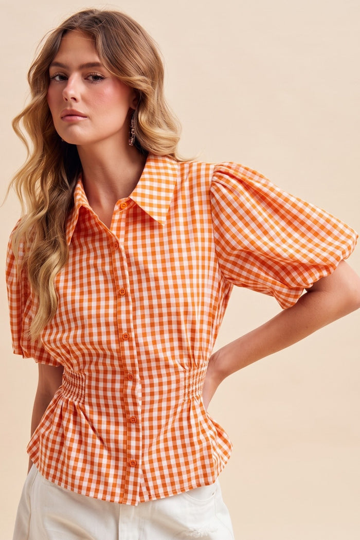 Gingham Smocking Waist Blouse in Orange