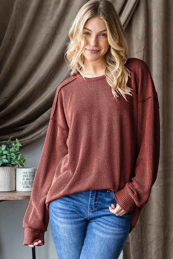 Puff Sleeve Ribbed Top in Rust