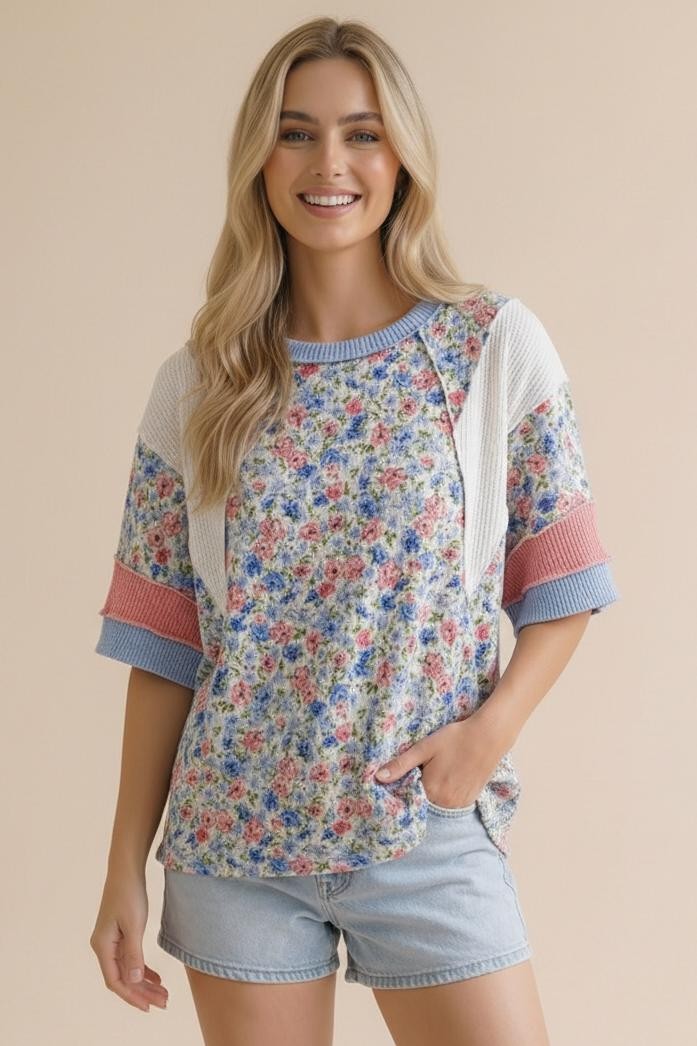Oversized SS Color Block Top in Light Blue/Coral