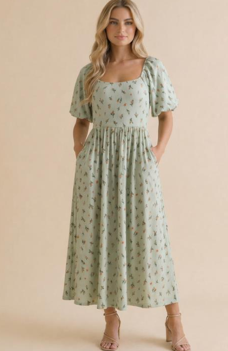Babydoll Fit & Flare Midi Dress in Sage