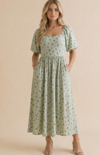 Babydoll Fit & Flare Midi Dress in Sage