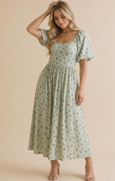 Babydoll Fit & Flare Midi Dress in Sage