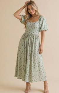 Babydoll Fit & Flare Midi Dress in Sage