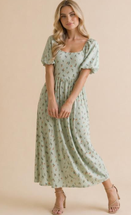 Babydoll Fit & Flare Midi Dress in Sage