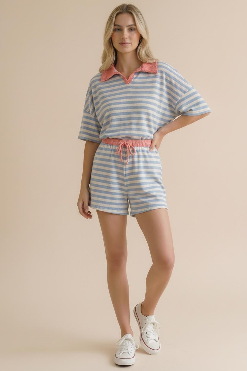 Color Block Stripe Set in Light Blue/Coral