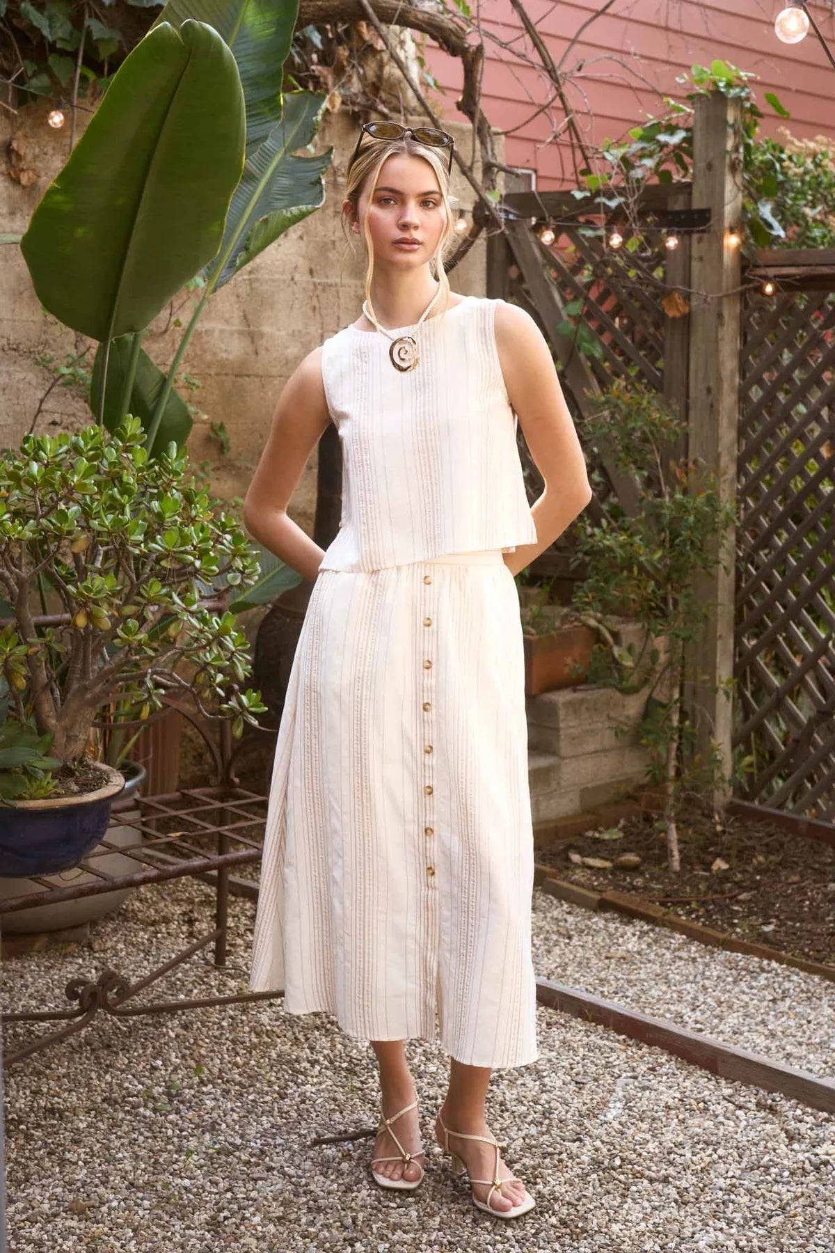 Stripe Button Detail Set in Khaki