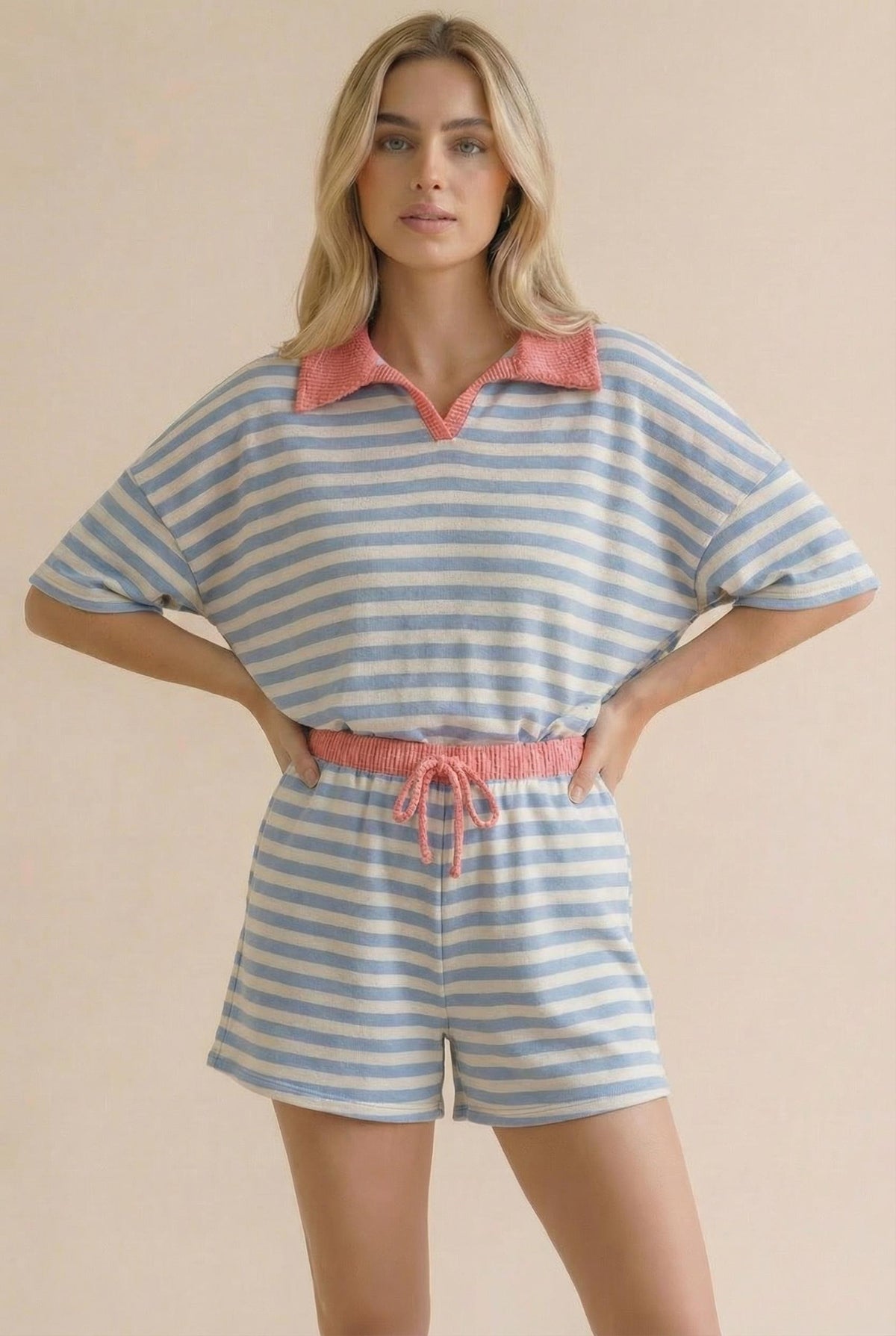Color Block Stripe Set in Light Blue/Coral