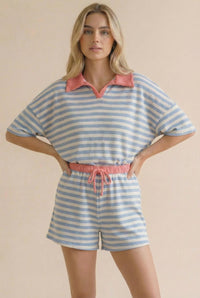 Color Block Stripe Set in Light Blue/Coral
