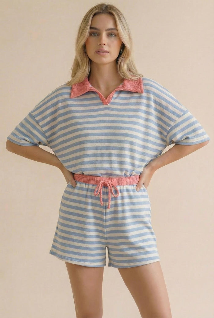 Color Block Stripe Set in Light Blue/Coral
