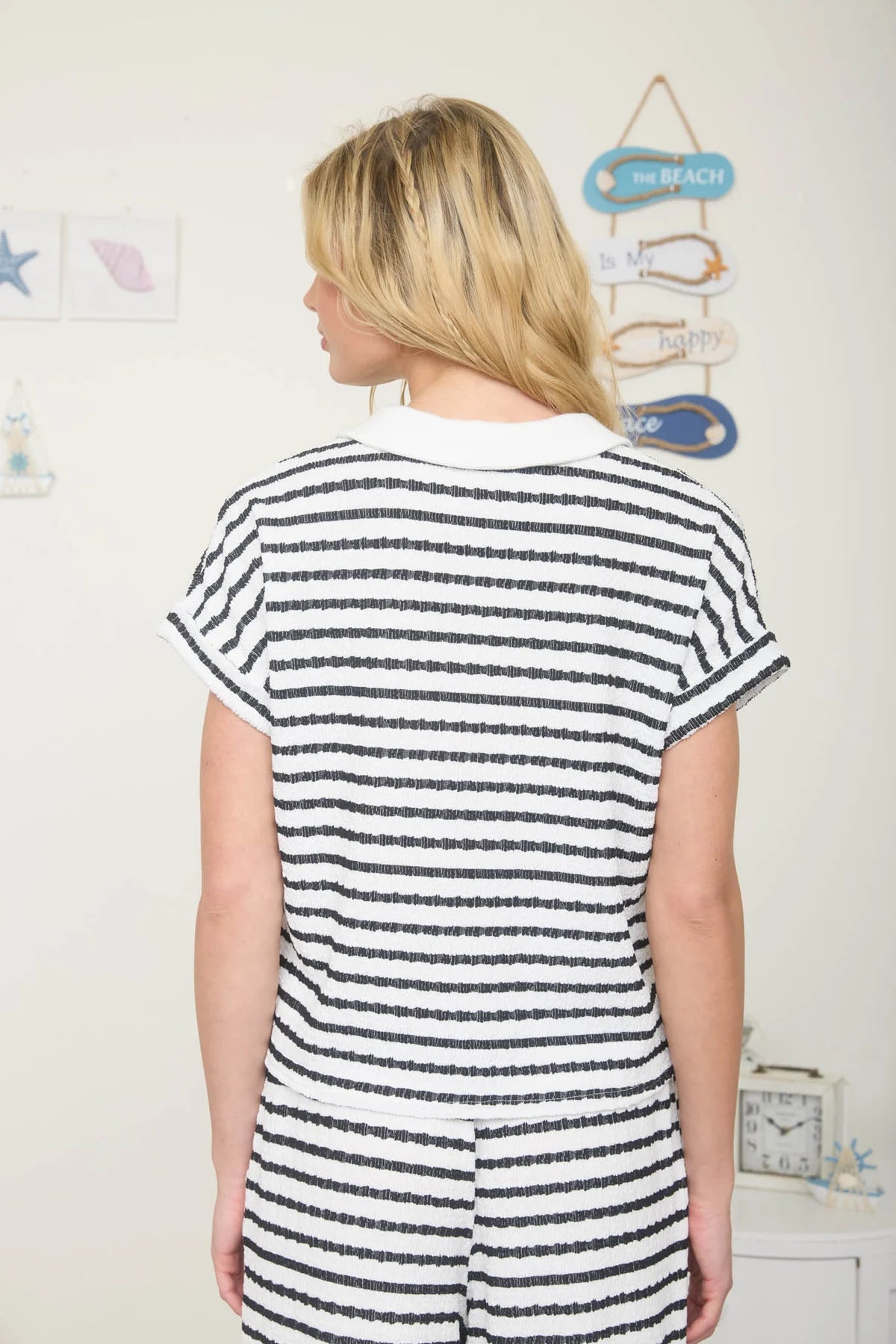 Textured Stripe Collared Set in Black