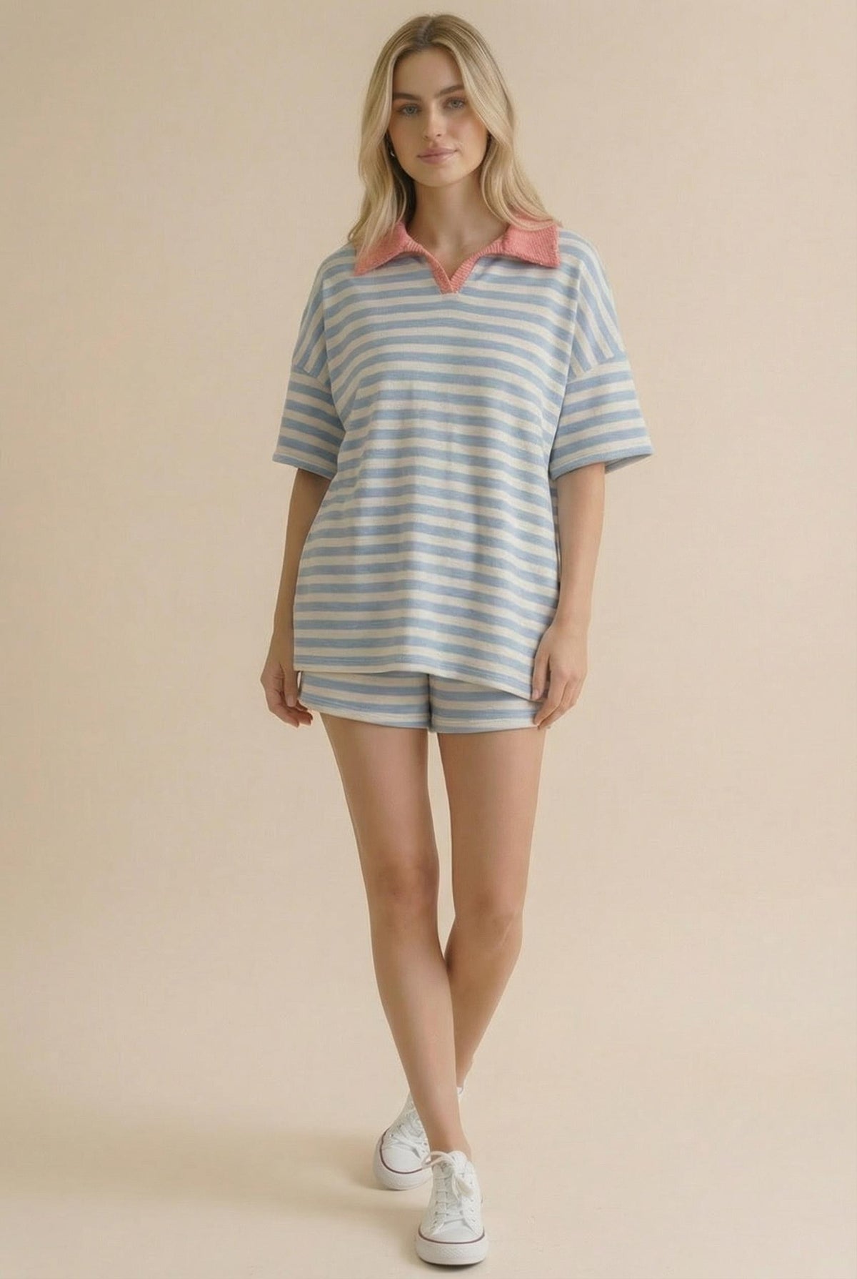 Color Block Stripe Set in Light Blue/Coral