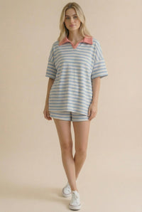 Color Block Stripe Set in Light Blue/Coral