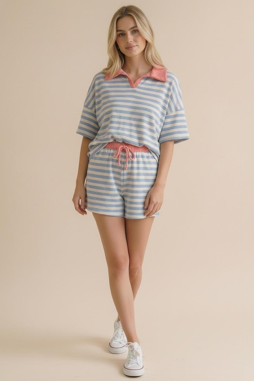Color Block Stripe Set in Light Blue/Coral
