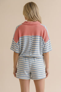 Color Block Stripe Set in Light Blue/Coral