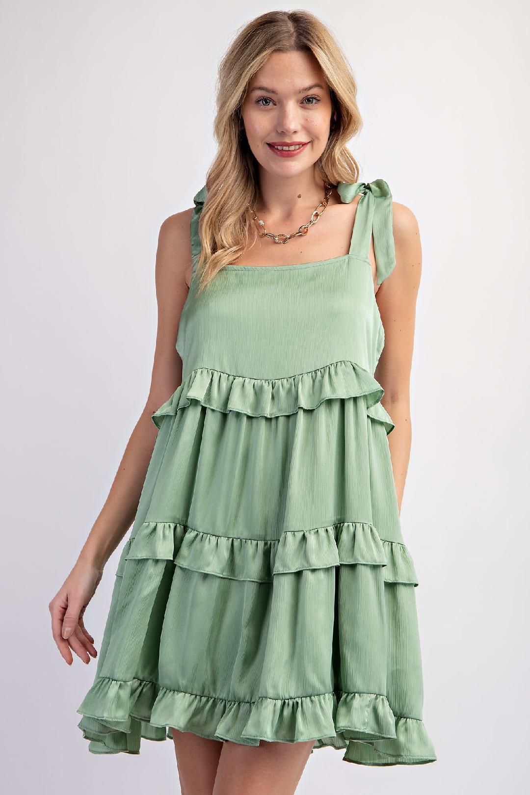 Satin Tiered Dress in Sage