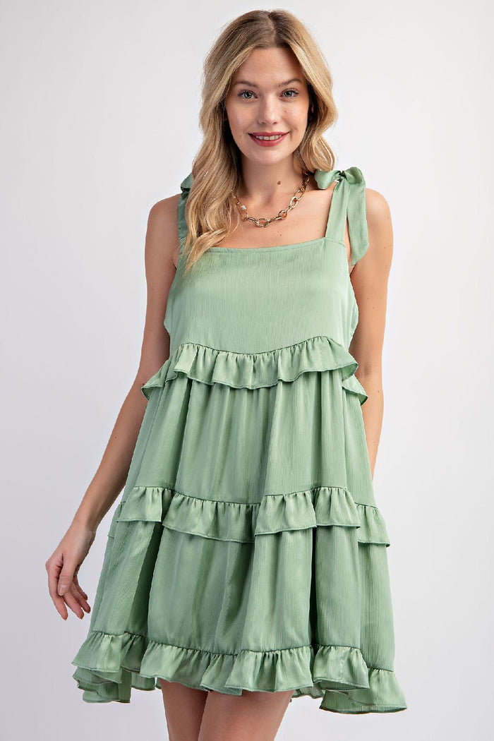 Satin Tiered Dress in Sage