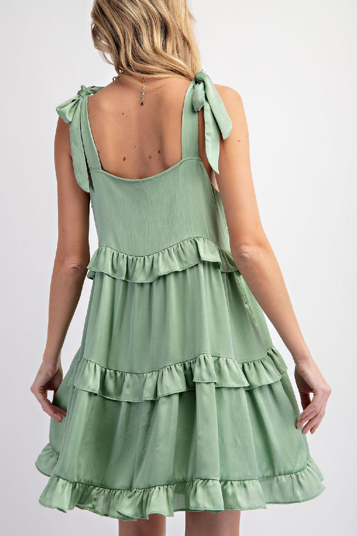 Satin Tiered Dress in Sage