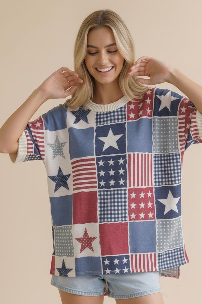 Drop Shoulder SS Oversized Star & Stripe Top