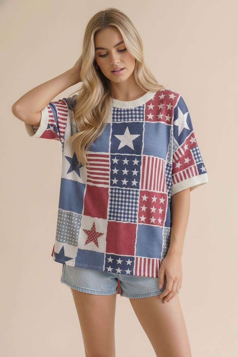 Drop Shoulder SS Oversized Star & Stripe Top