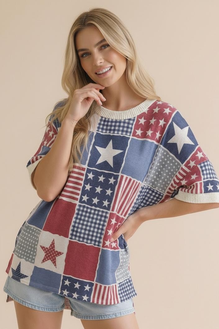 Drop Shoulder SS Oversized Star & Stripe Top