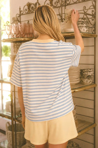 Stripe Colorblock Detail SS Knit T-shirt in Dusty Blue Multi