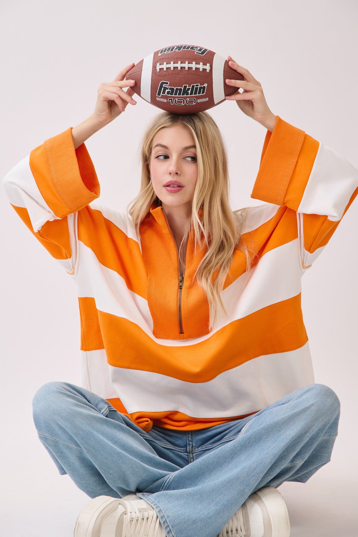 Varsity Stripe Zip Pullover in Orange/White