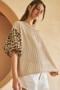 Textured Leopard Bubble Sleeve Beige Multi