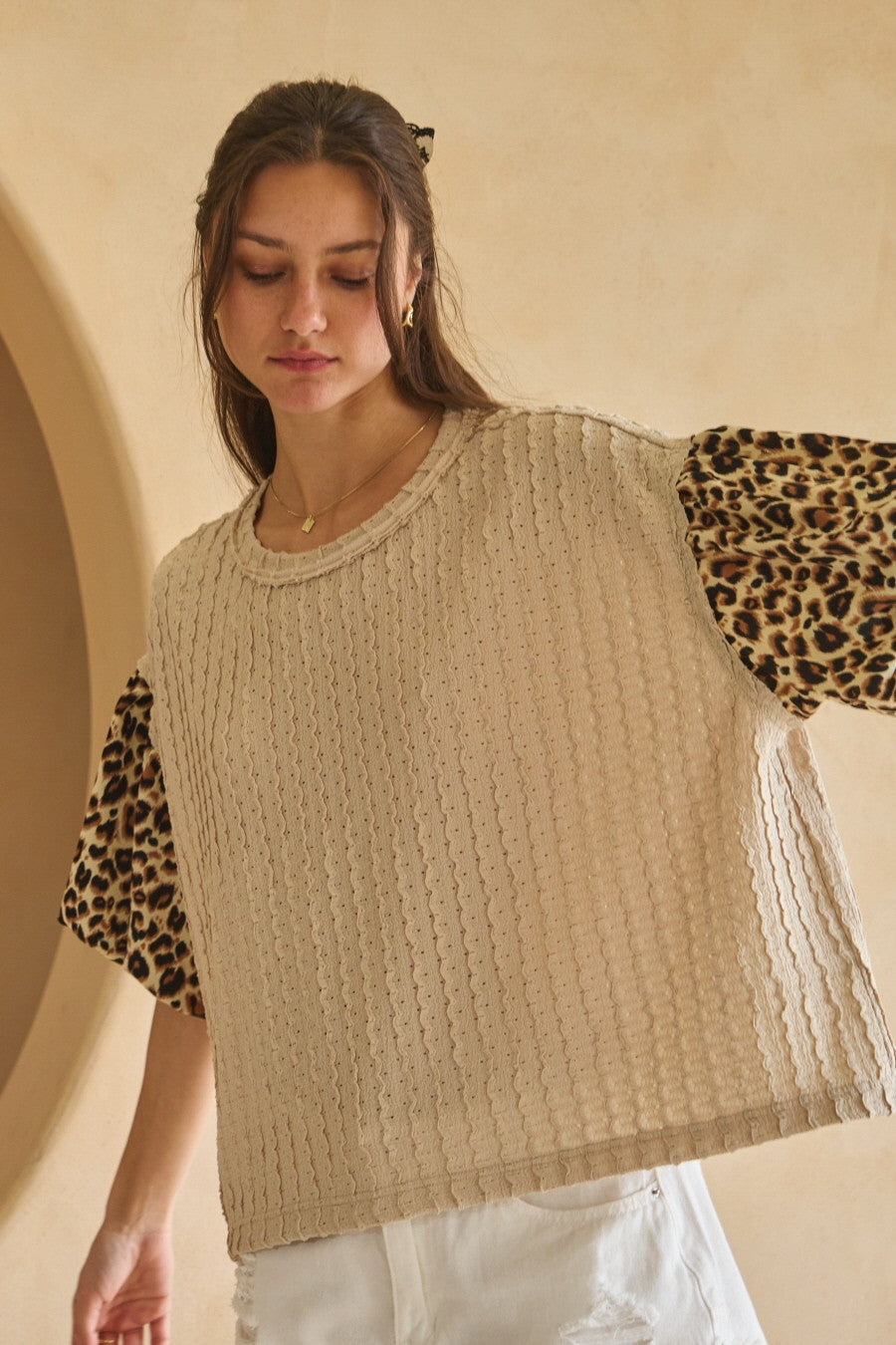 Textured Leopard Bubble Sleeve Beige Multi