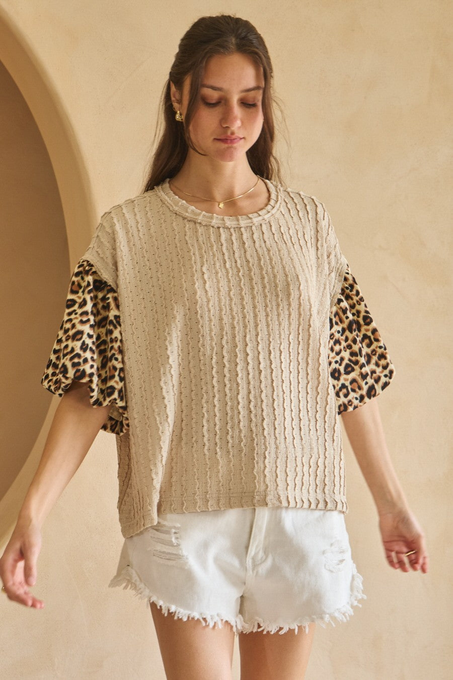 Textured Leopard Bubble Sleeve Beige Multi