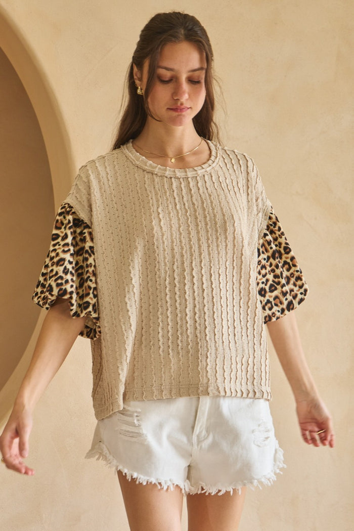 Textured Leopard Bubble Sleeve Beige Multi
