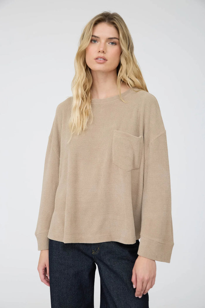 Oversized LS Textured Knit Top in Taupe