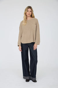 Oversized LS Textured Knit Top in Taupe