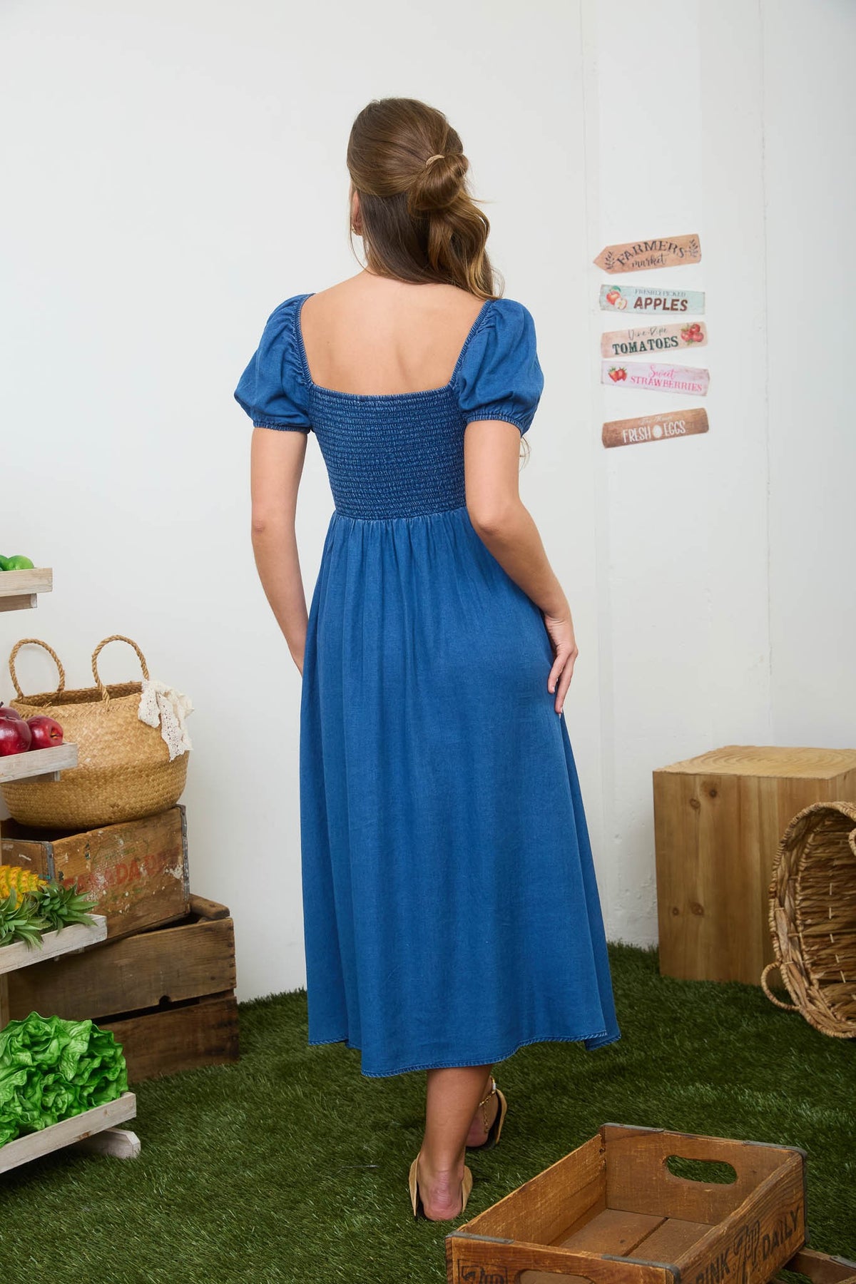 Front Tie Puff Sleeve Dress Chambray