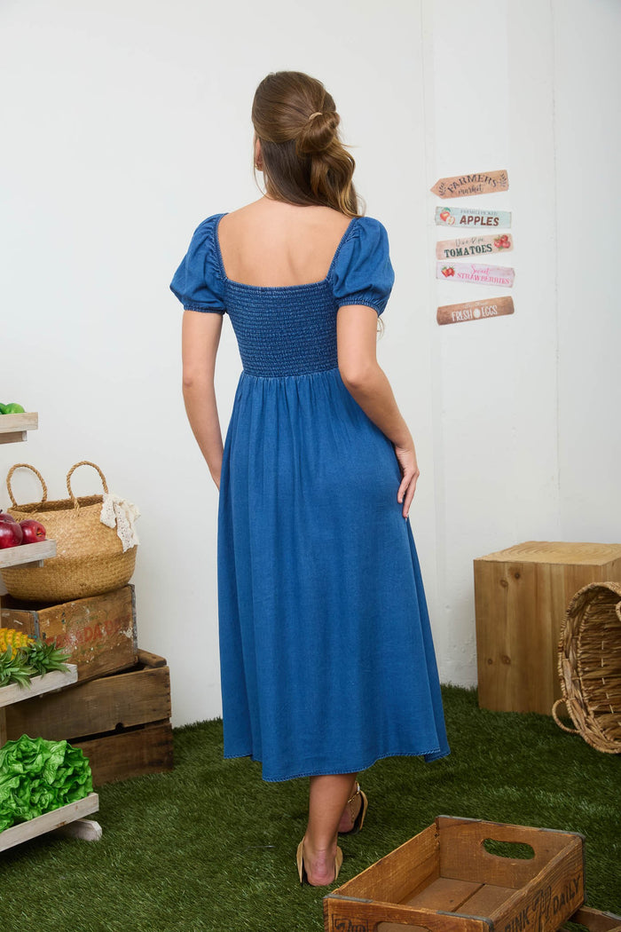 Front Tie Puff Sleeve Dress Chambray