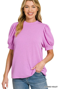 Raised Rib Puff Sleeve Top in Spring Violet